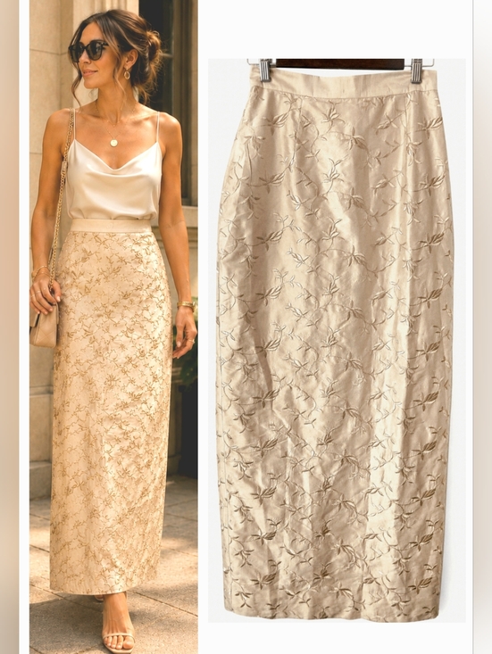 Jessica McClintock Dresses & Skirts - Vintage JESSICA MCCLINTOCK Long SILK Embroidered Floral Slit SKIRT Womens Size S
